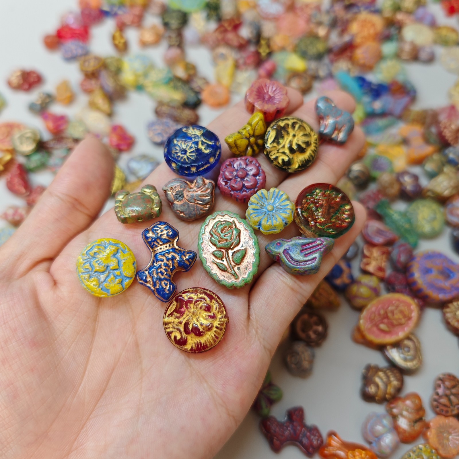 Vintage Style Czech Glass Beads Handmade Fired Gold Painted Mixed Shapes