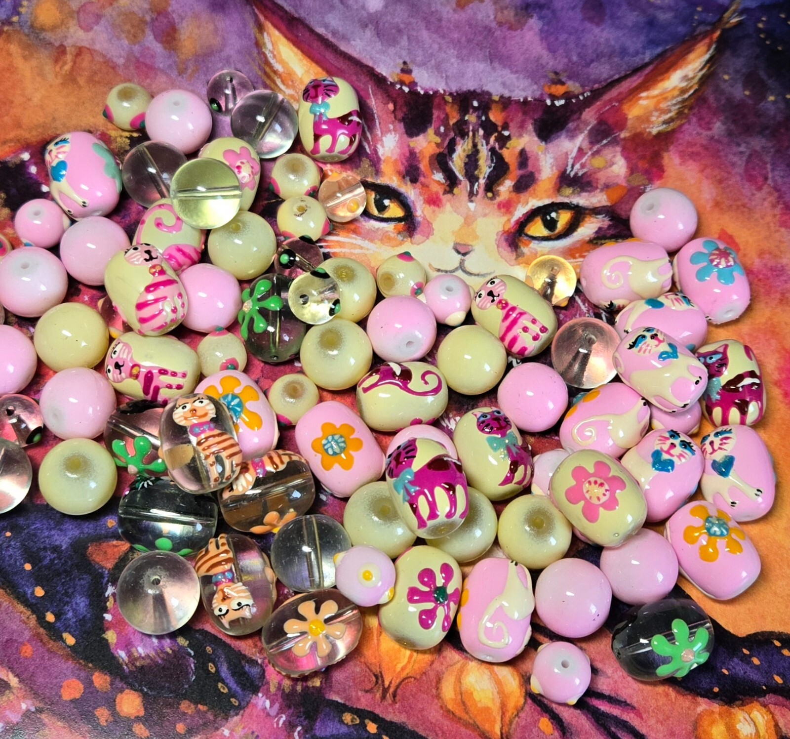 Glass Cat Beads Hand painted Cat Flower Pink Clear mix size 20 pcs DIY Jewelry
