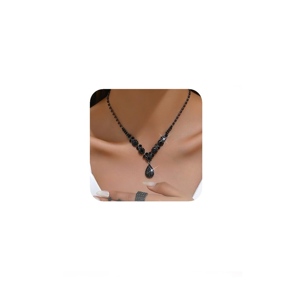 4Pcs Boho Fashion Prom Shinny Black Rhinestones Choker Necklace Earrings Bracele