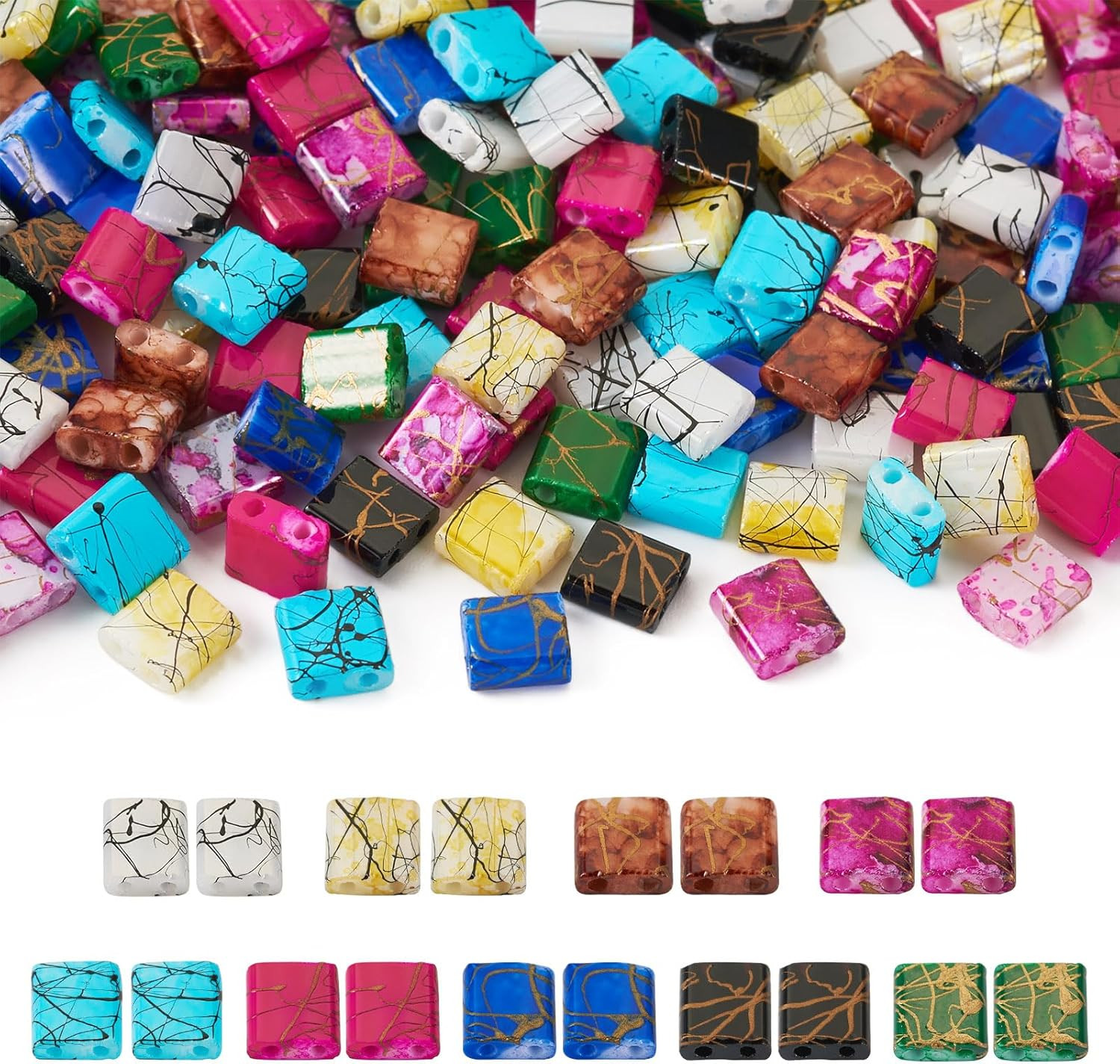 Glass Seed Beads 180Pcs 2 Hole Tila Beads 9 Colors Crystal Glass Tile Beads Squa