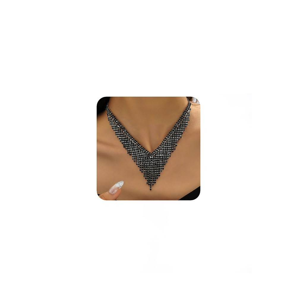 Boho Fashion Prom Shinny Luxury Black Rhinestones Choker Necklace Earrings Set D