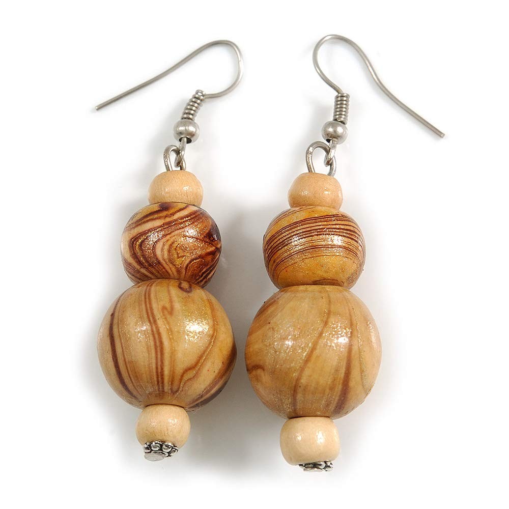 Natural/Brown Colour Fusion Wood Bead Drop Earrings with Silver Tone Closure – 5