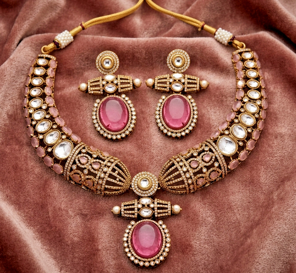 Polki pink Choker Necklace Set Sabyasachi Inspired Moissanite Kundan set