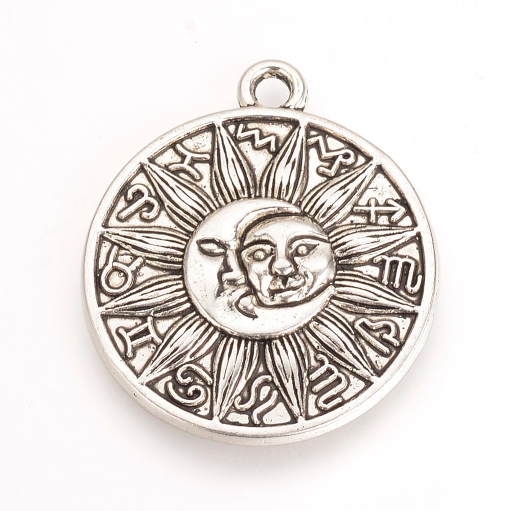 2 Large Sun Pendants Antiqued Silver Sun and Moon Celestial Zodiac Charms 29mm