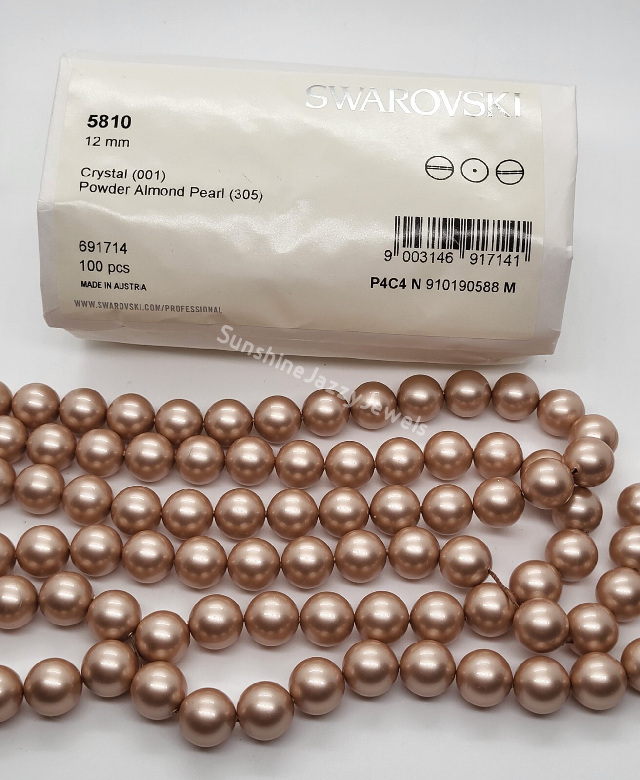 Factory Pack Swarovski Crystal Powder Almond 12mm Round Pearl 5810 Beads; 100pc