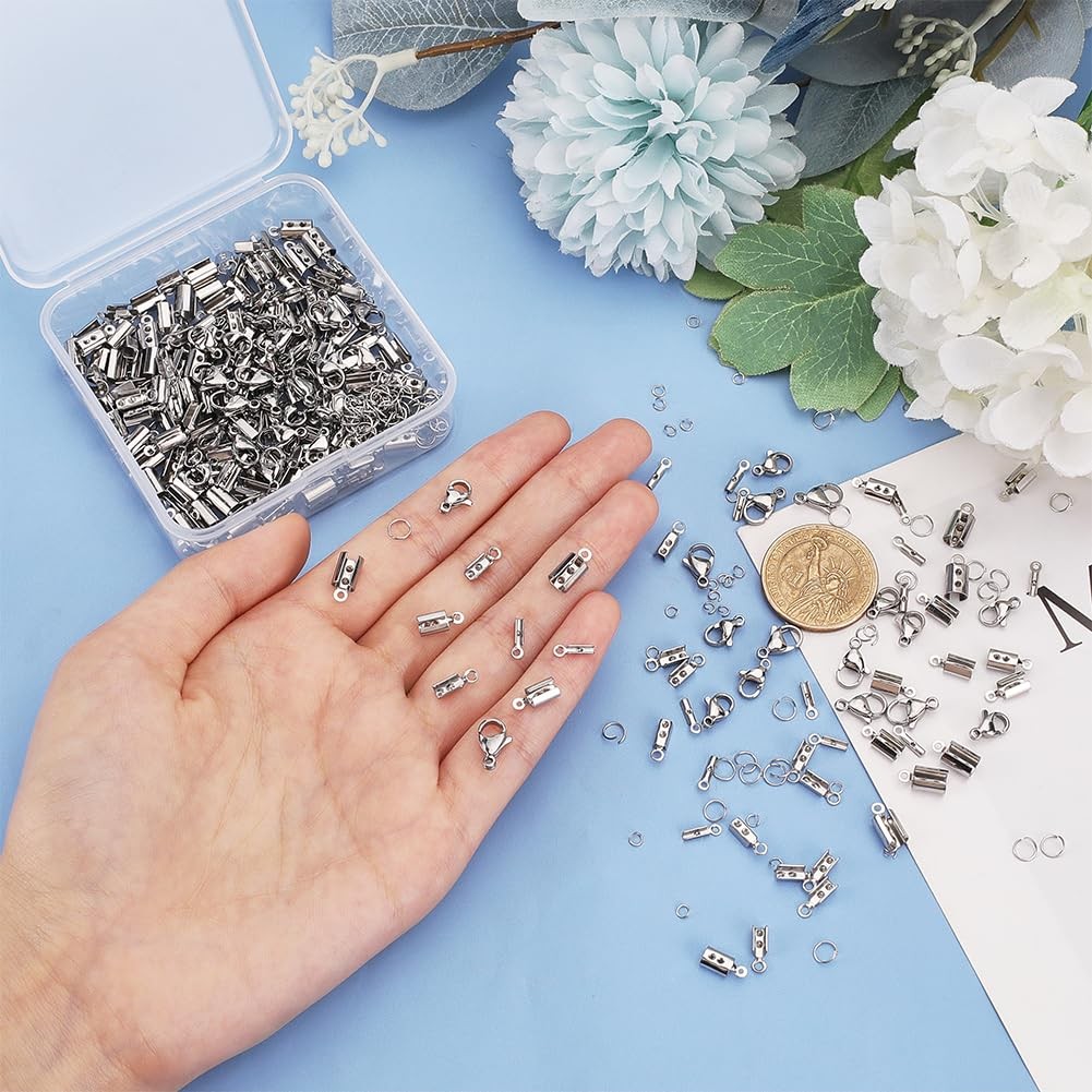 Jewelry Making Kit, 200 pcs 304 Stainless Steel Fold Over Crimp Cord Ends 200.
