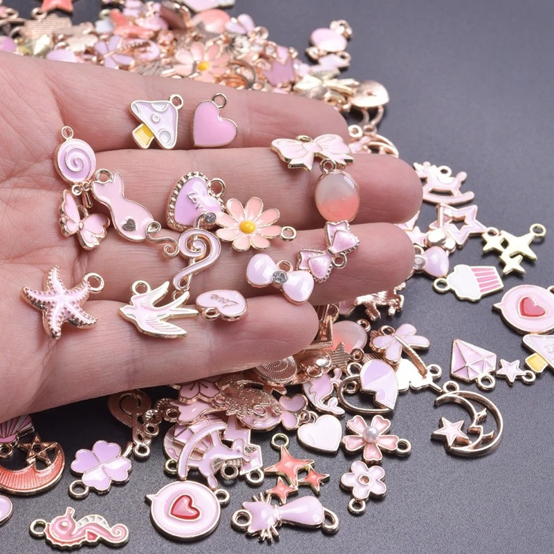 50pcs Pink Enamel Charms Mixed Animal Heart Flower Moon DIY Jewelry