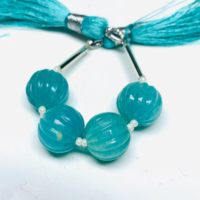 5 Pcs 100% Natural Amanzonite Carved Melon Shape Beads Strand,, 12 mm
