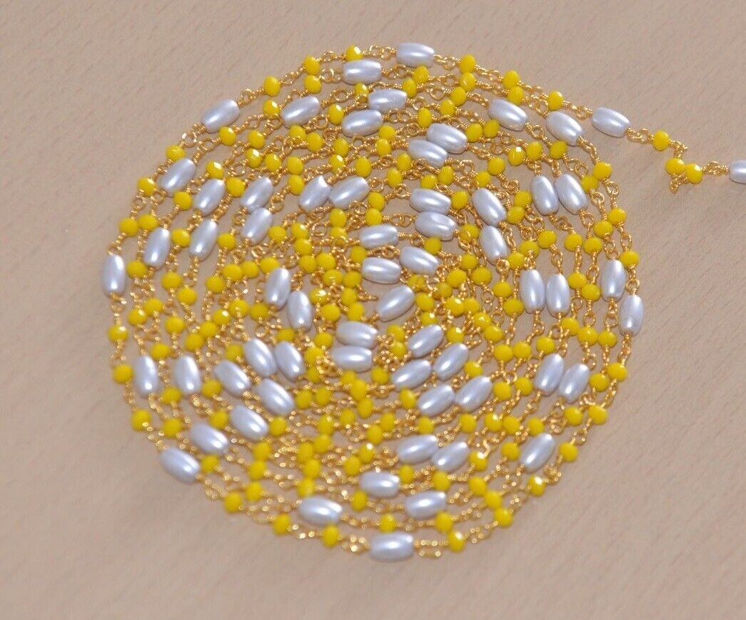 Beaded jewelry making bulk roll chain, 3mm yellow & rice pearl bead rosary chain