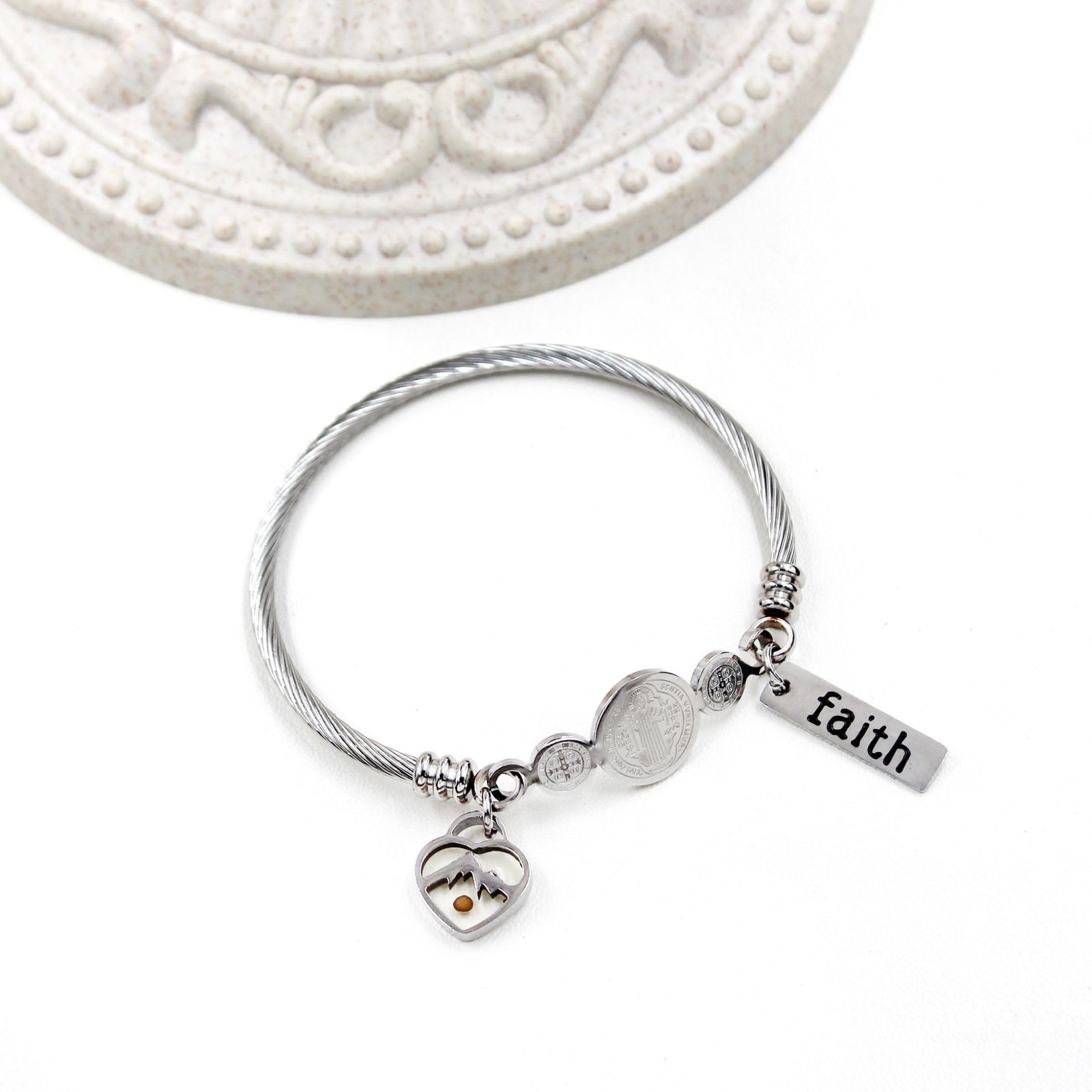 Platinum Plated Twisted Rope Saint Benedict Medal Bangle Bracelets for Wome – 01