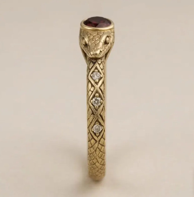 Vintage Gold Serpent Ring: Garnet & Moissanite Halloween Jewelry, 18k Gold Snack