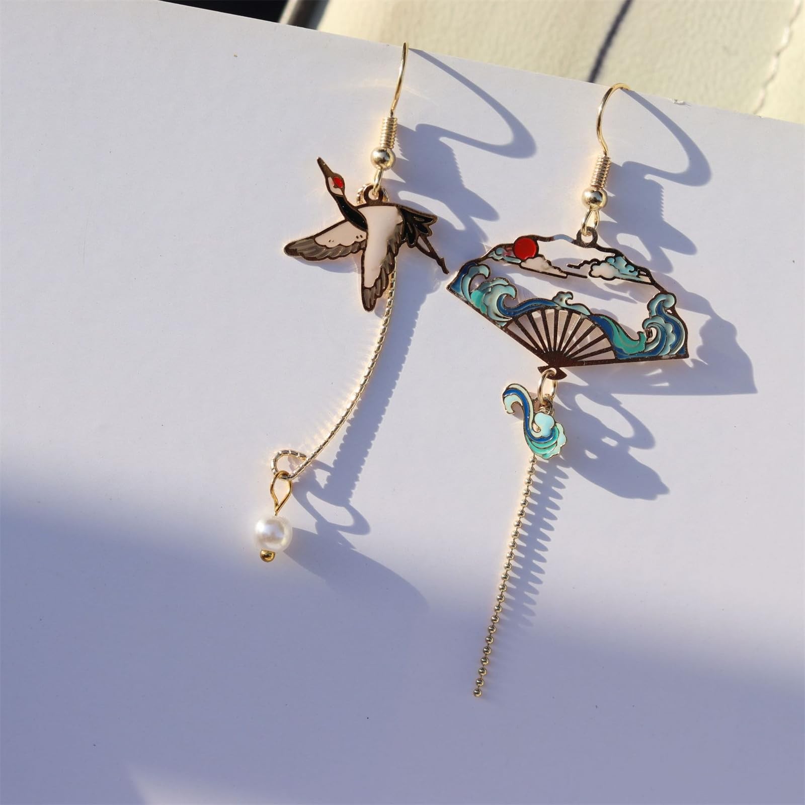 Chinese Style Fan Earrings Cute Handmade Retro Ethnic Hollow Asymmetric Sec – 02