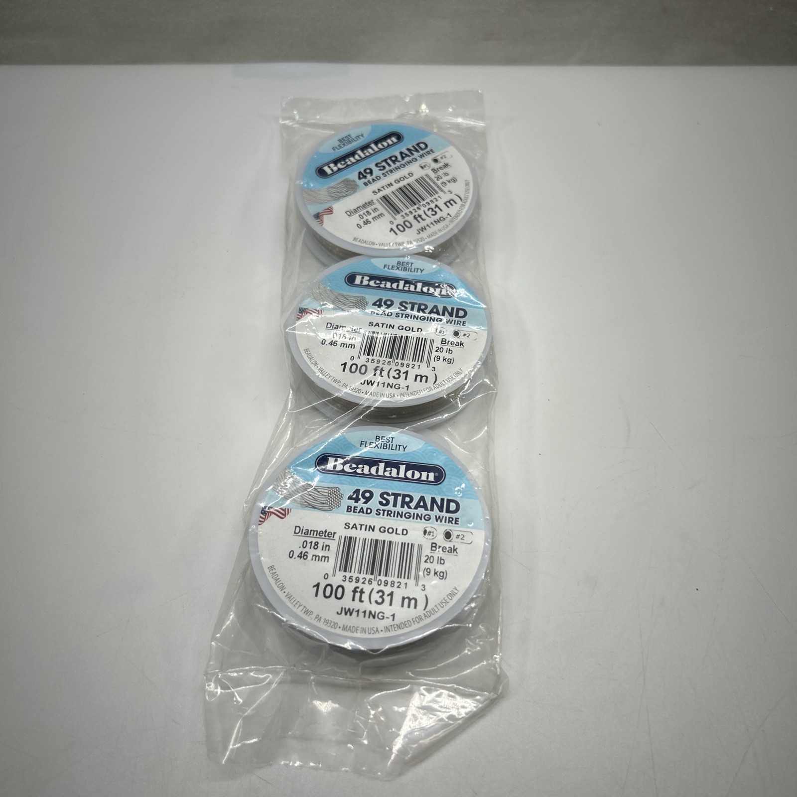 3 Pack 100 Ft Beadalon 49 Strand Satin Gold Bead Stringing Wire .018 in/0.46 mm