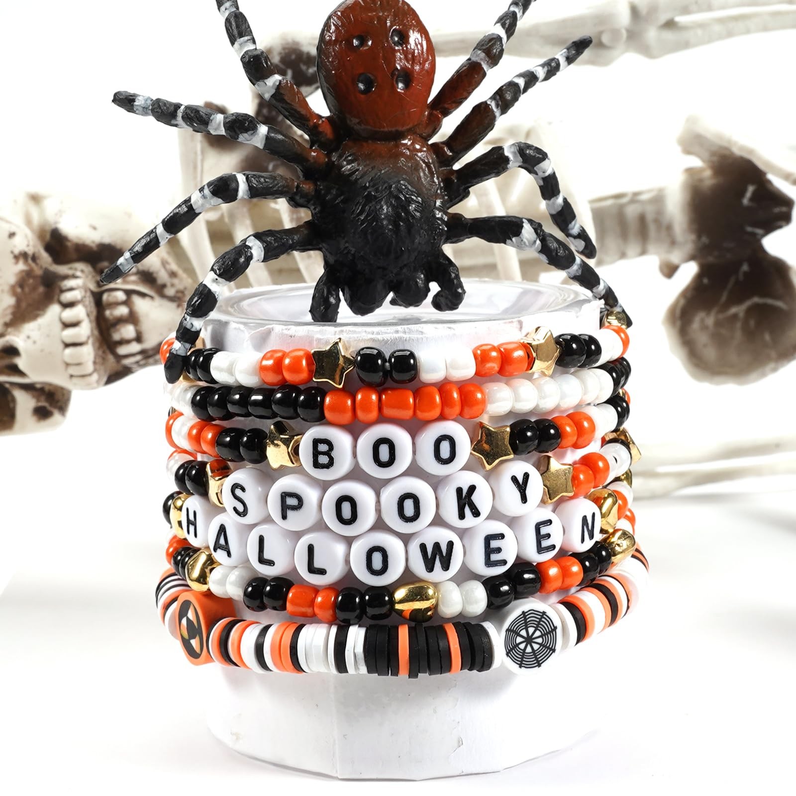 Halloween Heishi Bracelets for Women Boo Pumpkin Skull Spider Web Beaded Bracele