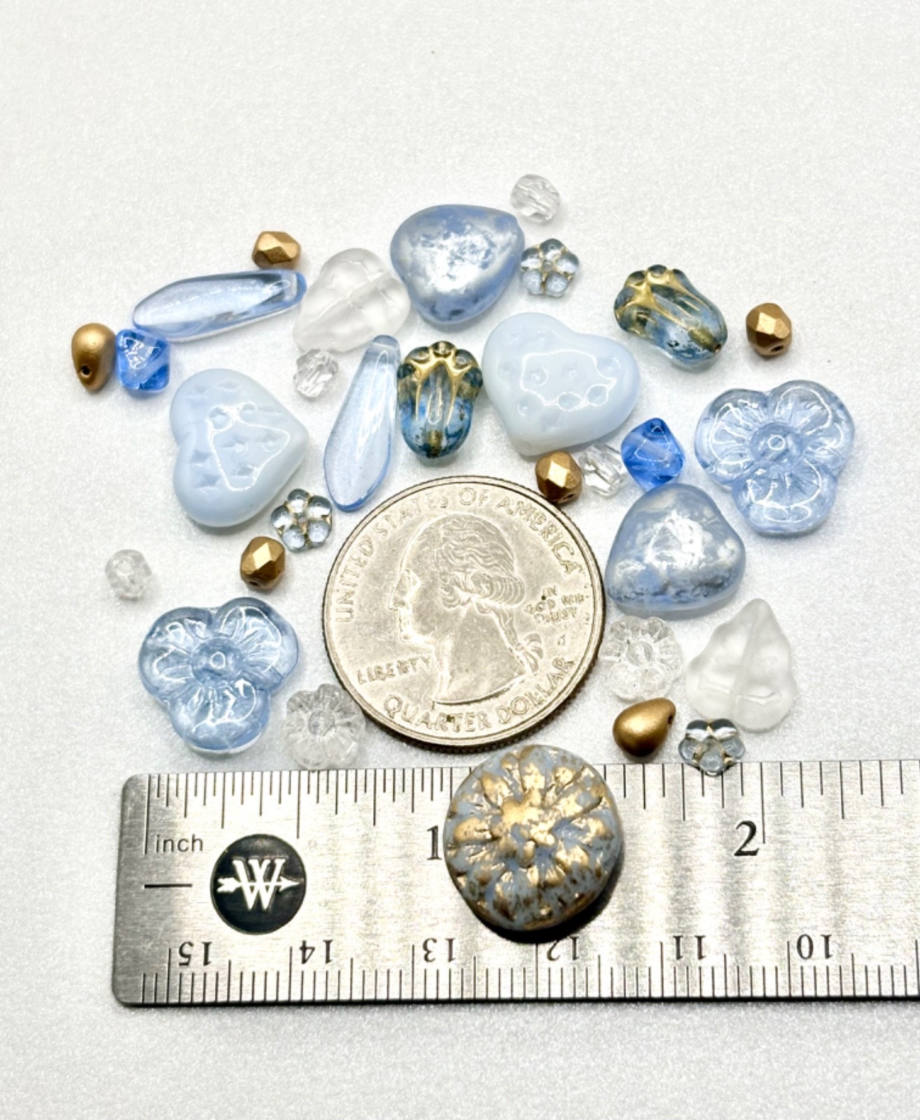 30 Czech Beads – ALL CZECH GLASS BEAD MIX Powder Blue/Gold Mixed Czech Glass Lot