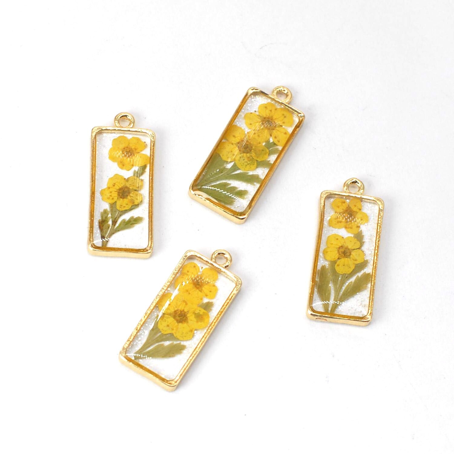 4PCS Gold Tone Real Dry Flower Resin Rectangle Charm Pendant Supply GBY324