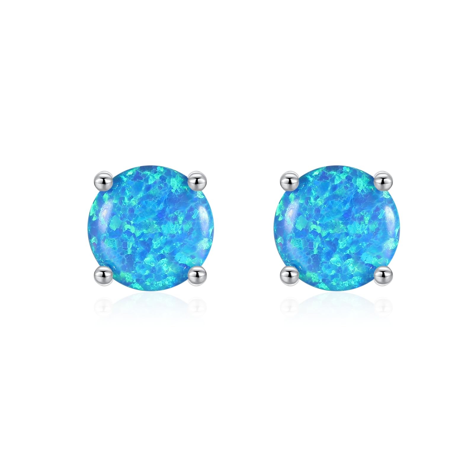 925 Sterling Silver Hypoallergenic Opal Stud Earrings, 8MM Blue Opal October Bir