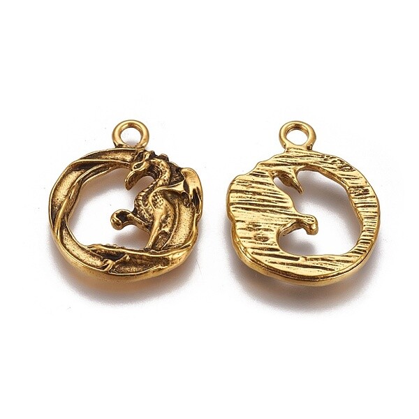 Dragon Pendant Antique Gold Tone Dragon Charm Medieval Fairy Tale 26mm