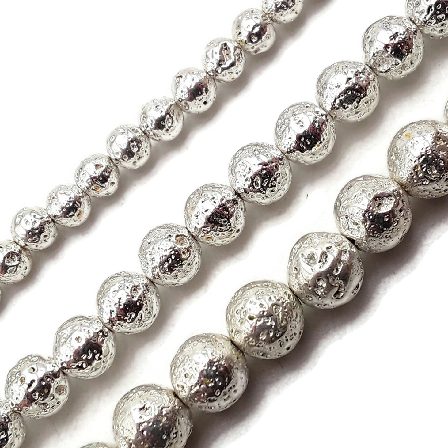 Bright Silver Electroplated Lava Rock Stone Beads Size 6mm 8mm 10mm 15.5″ Strand