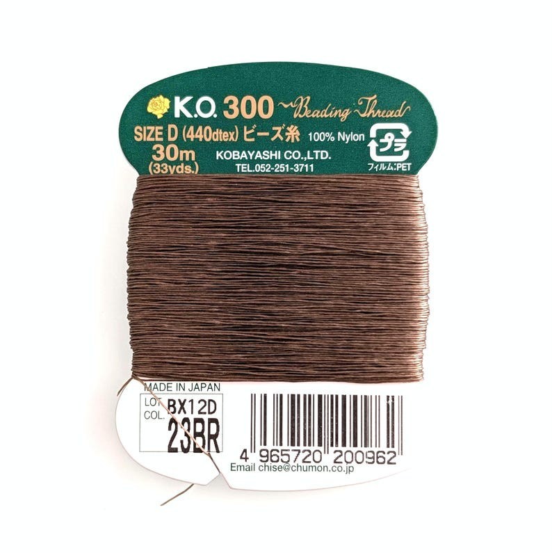 KO Beading Nylon Thread, 33 Yd / 30m Card, Size D 440dtex / 0.15mm Brown