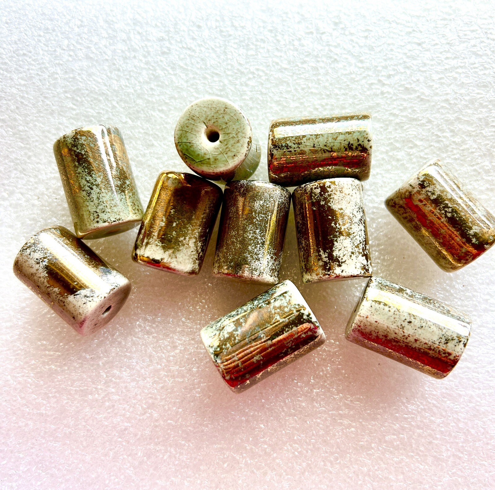 10 pieces Vintage Glazed Ceramic Cylindrical Macrame Style 1” Beads