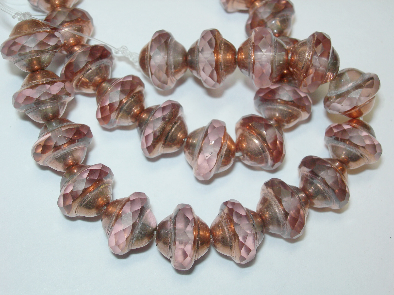 15 7mm Czech Glass Soft Pink With a Copper Finish Saturn Saucer Beads