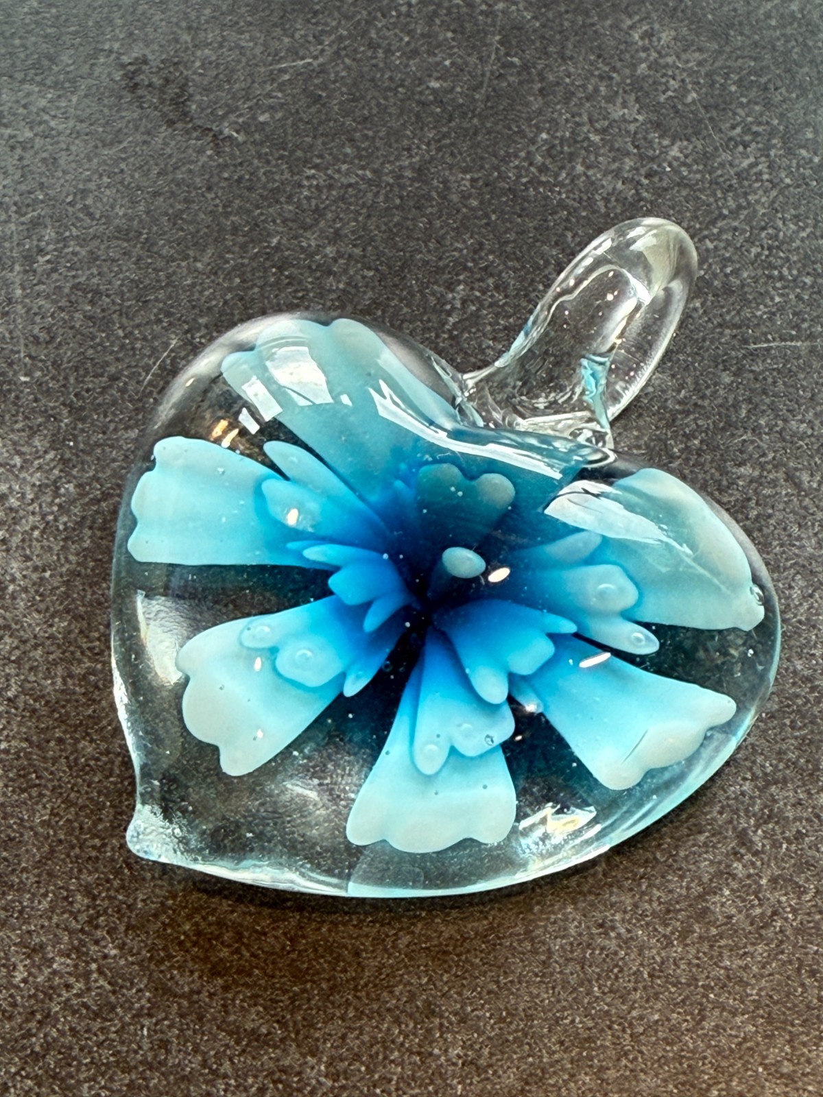Hand Made Artisan Glass Pendant Puffy Heart Blue Flower Crafting Jewelry Making