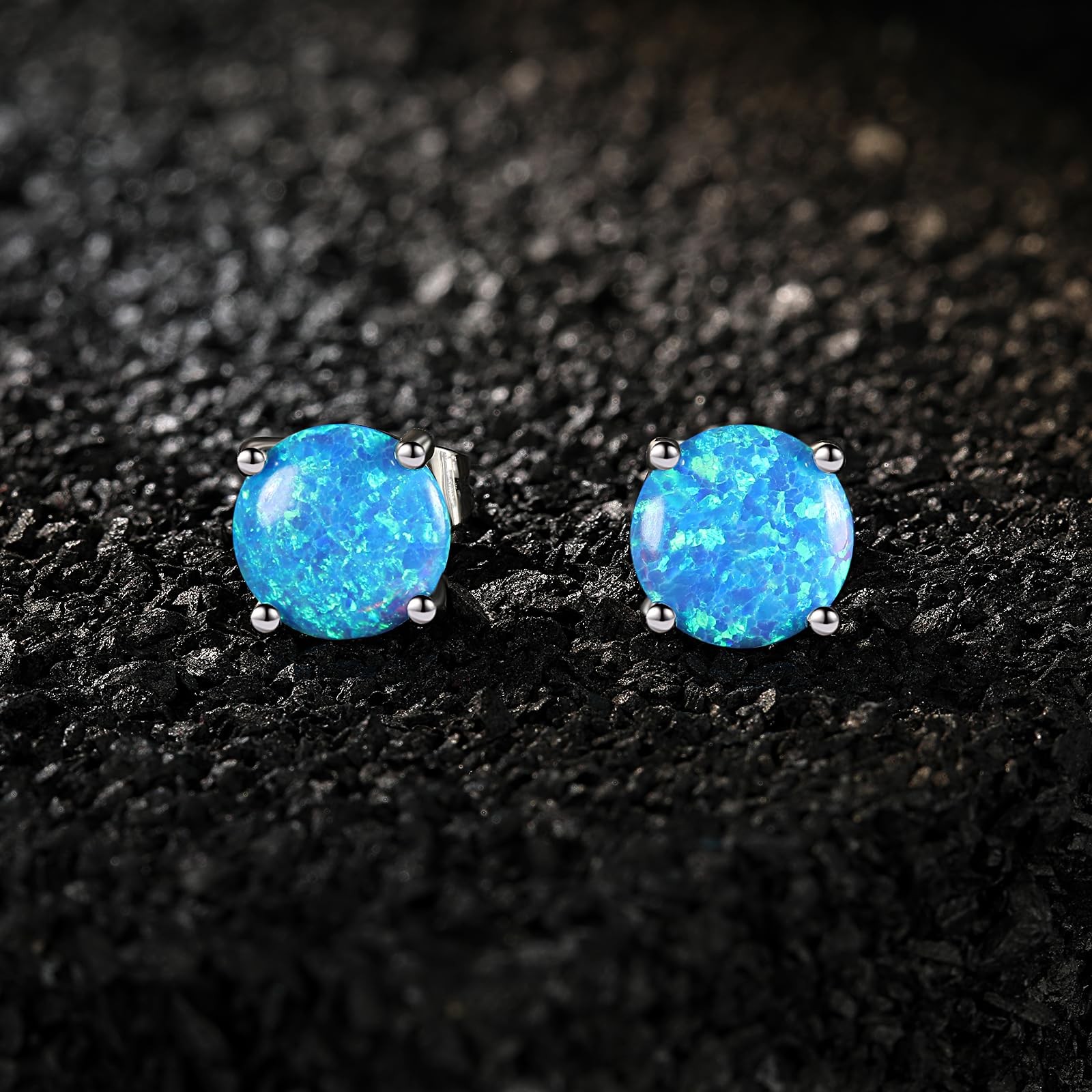 925 Sterling Silver Hypoallergenic Opal Stud Earrings, 8MM Blue Opal October Bir