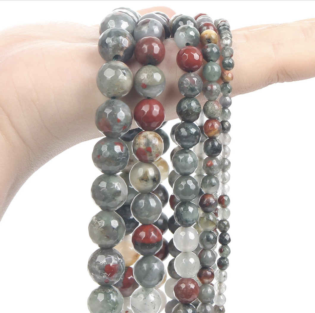“Faceted Round African Bloodstone Stone Beads” 4mm, 6mm, 8mm, 10mm, 12mm.