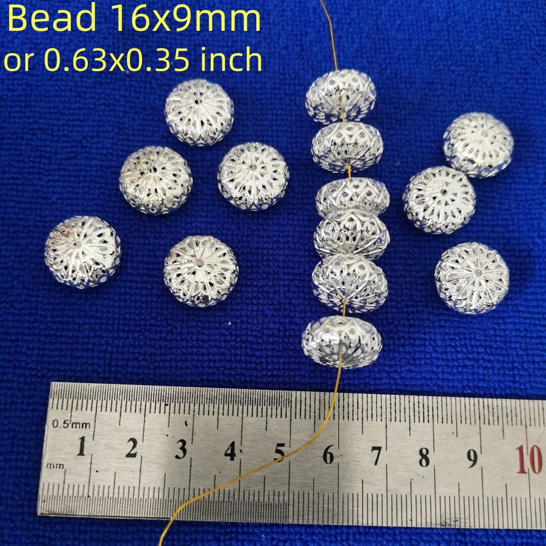 50PCS Bright Silver Metal Flat Round Hollow Filigree Beads 16x9mm