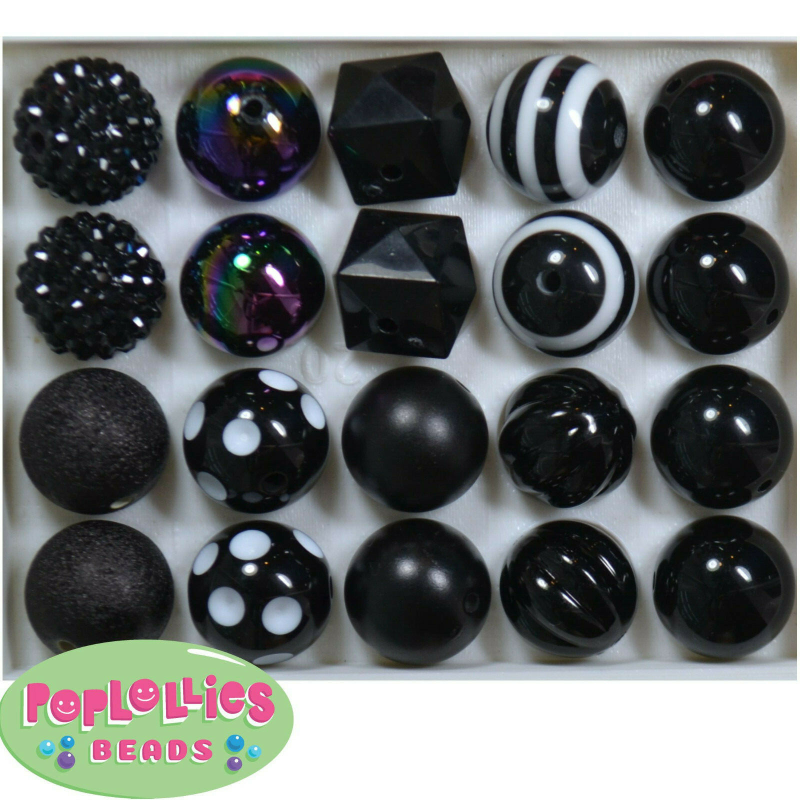 Mixed Styles of 20mm Black Acrylic Chunky Bubblegum Beads Lot 20 pc