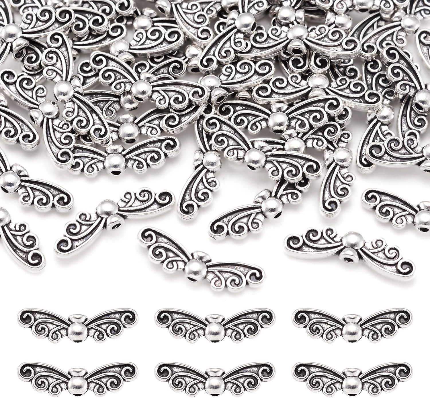50Pcs Antique Silver Dragonfly Wing Spacer Charm Beads 7X22Mm Tibetan Detailed C