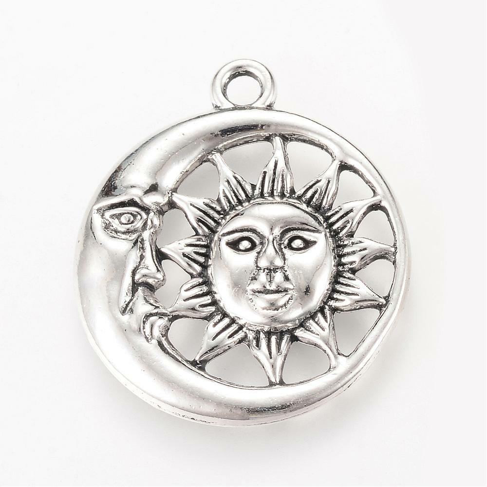 2 Large Sun Pendants Antiqued Silver Sun and Moon Celestial Charms Open 30mm