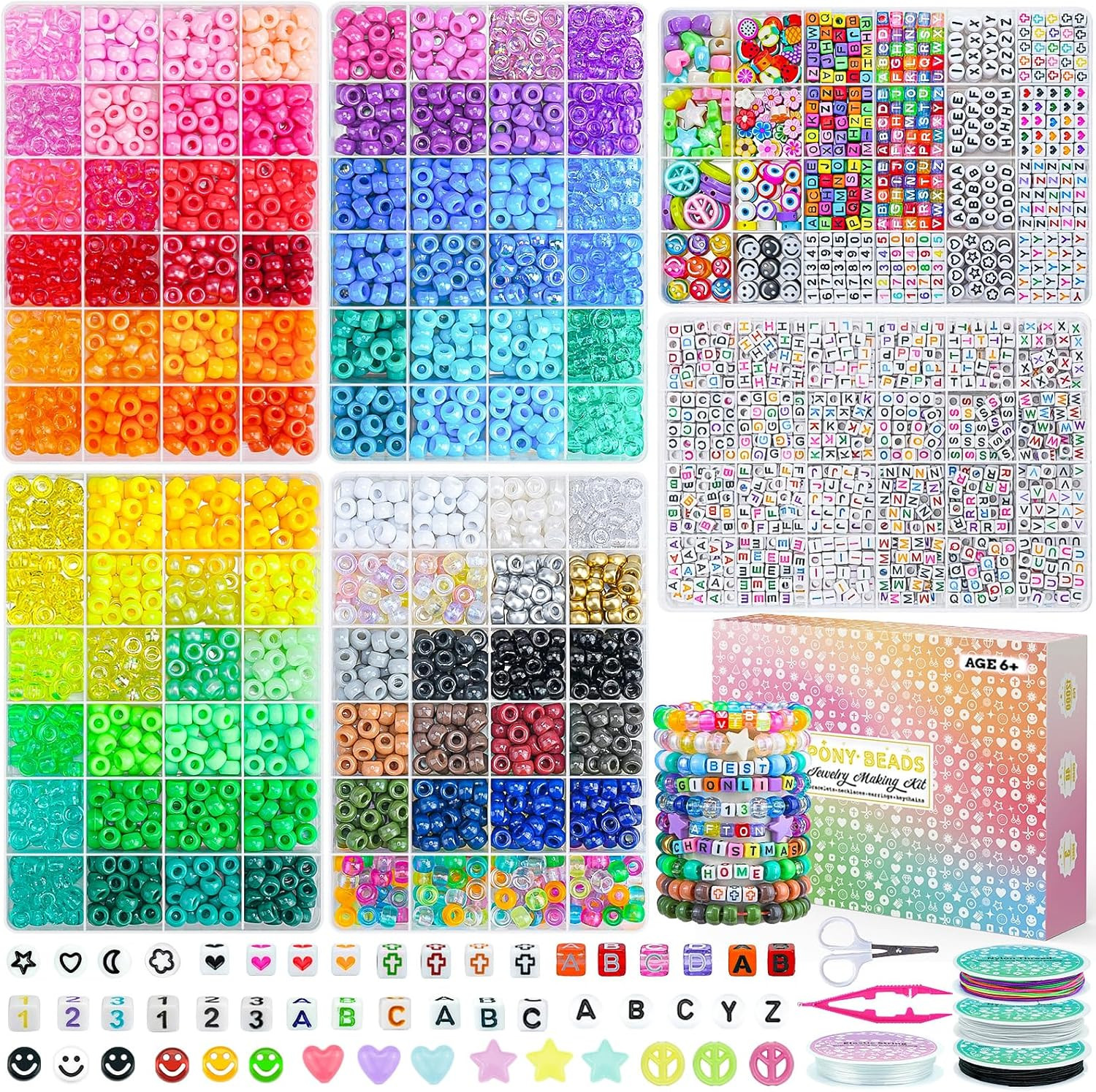 4500Pcs Pony Beads Bracelet Making Kit, 6 Boxes with 1600pcs Letter Beads Friend