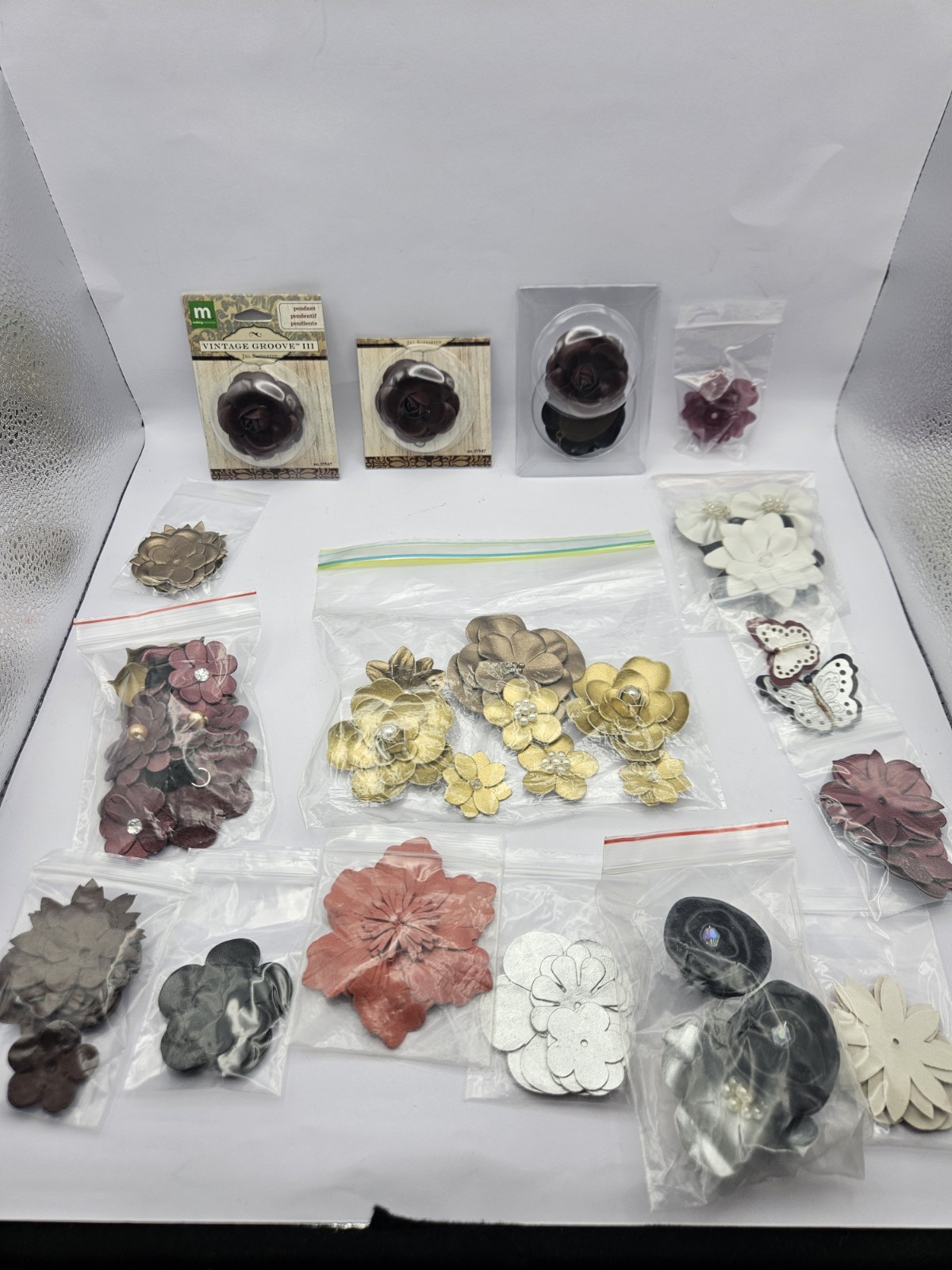 Vintage Groove III Jill Schwartz Leather Fabric Flower Charms Pendants Craft Lot