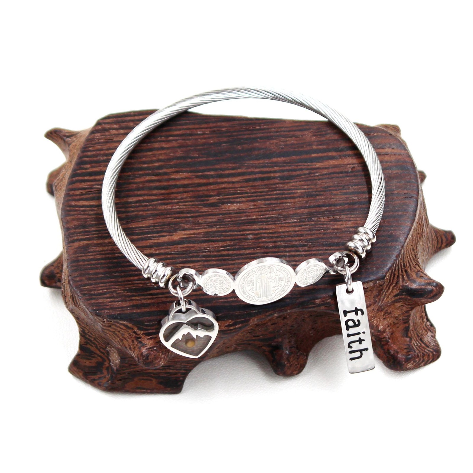 Platinum Plated Twisted Rope Saint Benedict Medal Bangle Bracelets for Wome – 01