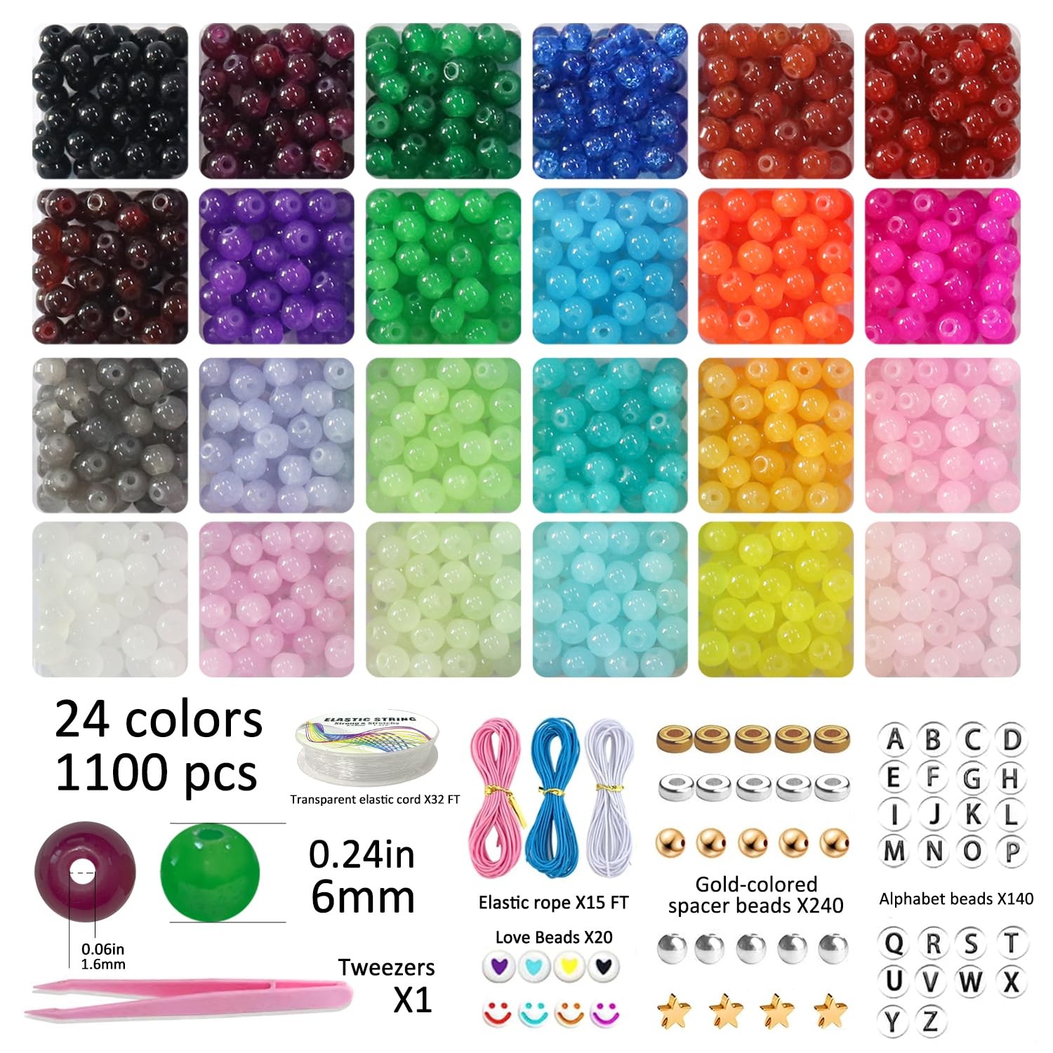 JULIMAIDONG 6mm Glass Beads for Bracelets 1400pcs, 24 6Mm, 6mm, 24Color