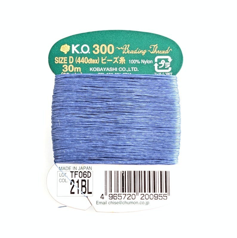 KO Beading Nylon Thread, 33 Yd / 30m Card, Size D 440dtex / 0.15mm Blue