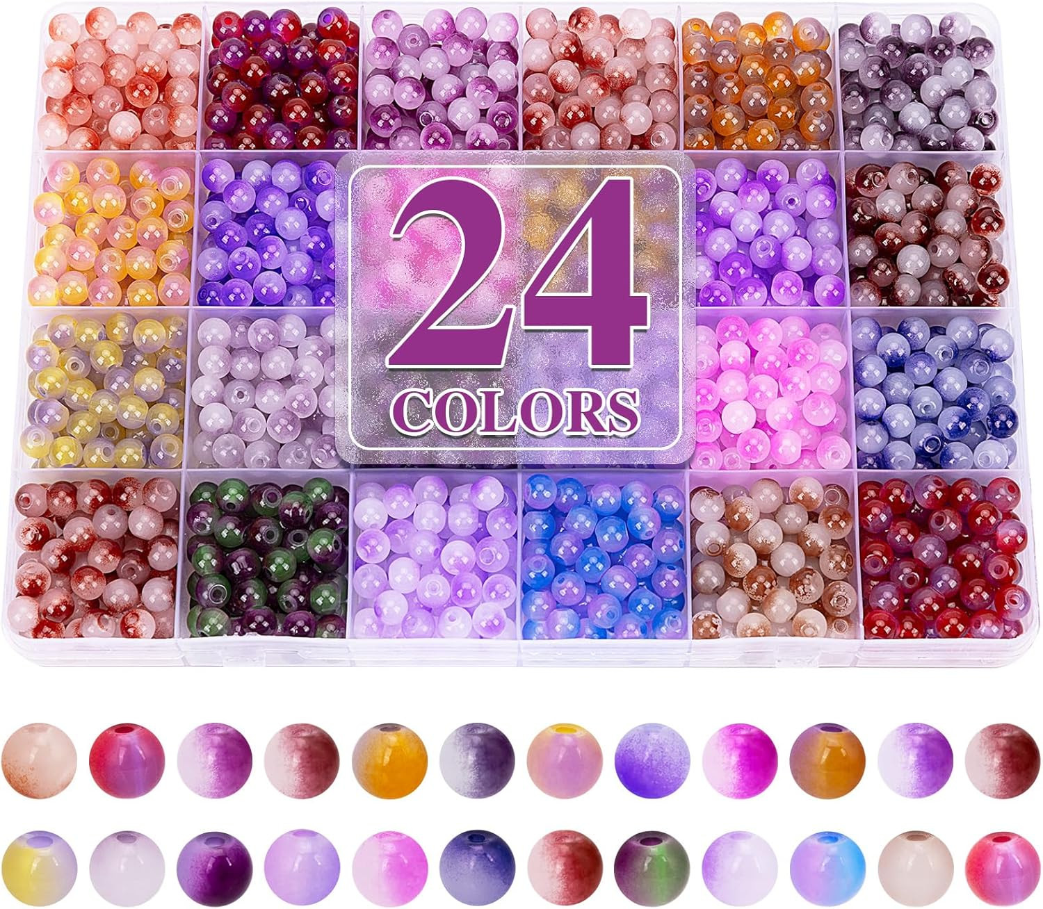about 1200+ Pcs 6Mm Glass Beads Bracelet Making Kit, 24 Assorted Purple Bi-Color
