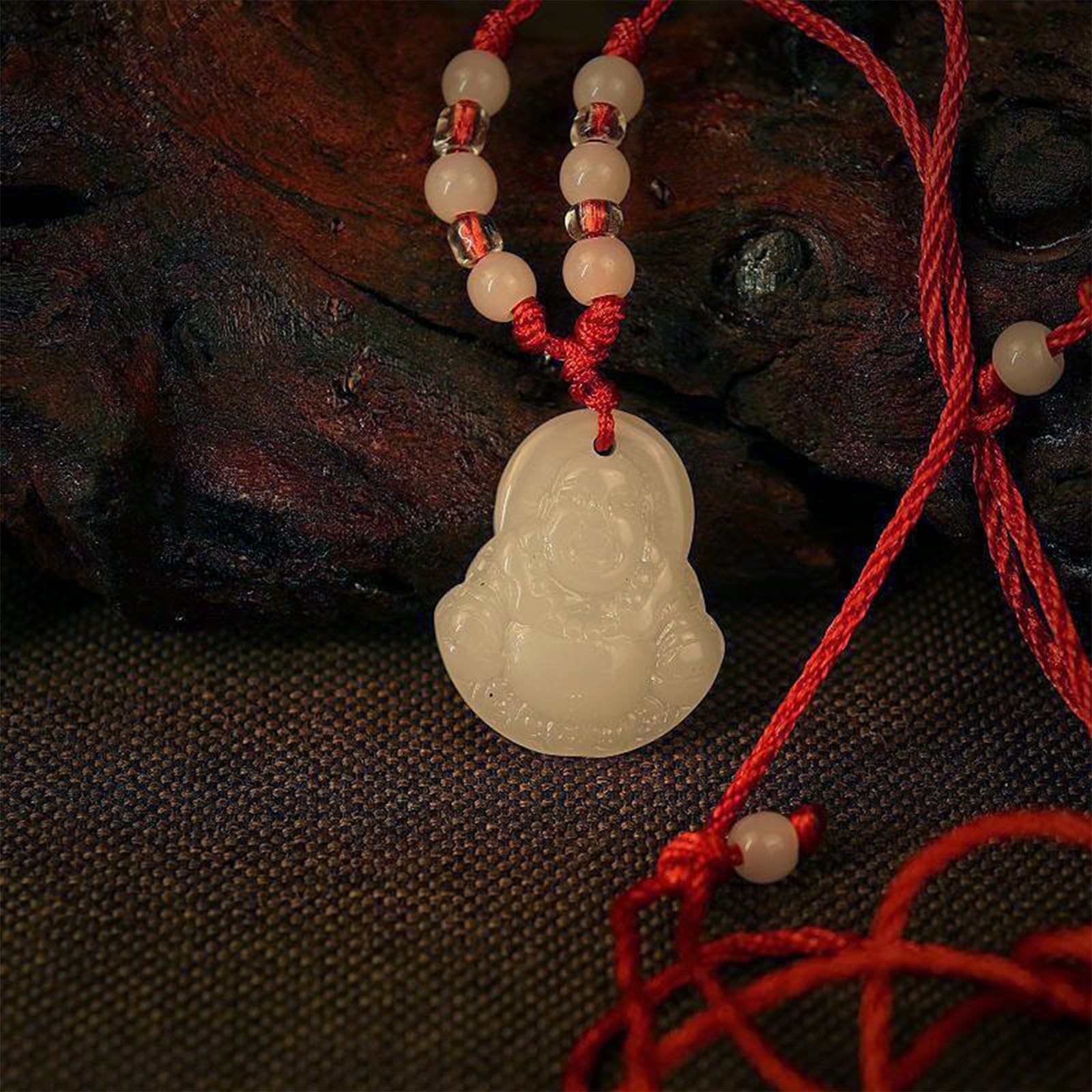 Green Jade Buddha Circle Red String Pendant Necklace – Chinese Traditional – 09