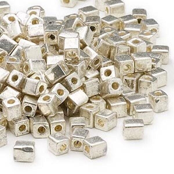 25 Gm(260) Miyuki Opaque Metallic Silver 3.5-3.7mm Square Glass Beads (SB1051)