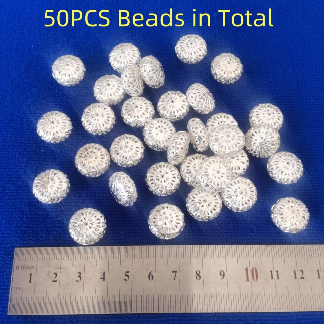 50PCS Bright Silver Metal Flat Round Hollow Filigree Beads 16x9mm