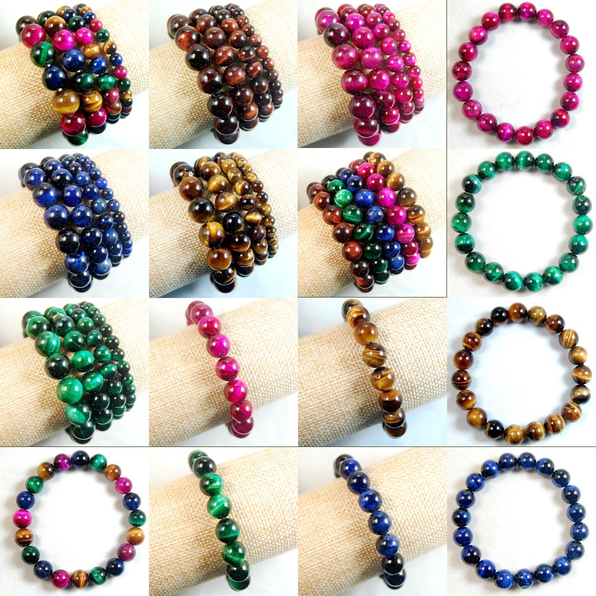 Handmade Colorful Tiger’s Eye Gemstone Round Beads Stretchy Bracelet