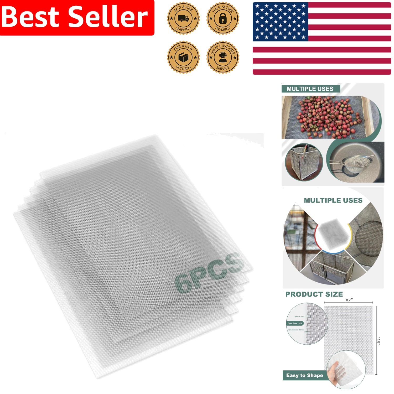 Durable 304 Stainless Steel Wire Mesh 6PCS 1mm Hole Commercial Filter Screen