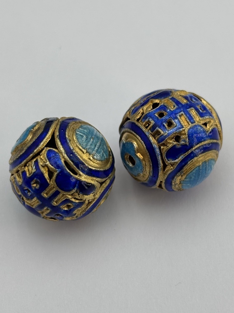 2 Vintage Chinese Gilt Filigree Enamel Beads Cobalt Blue Shou Character Round
