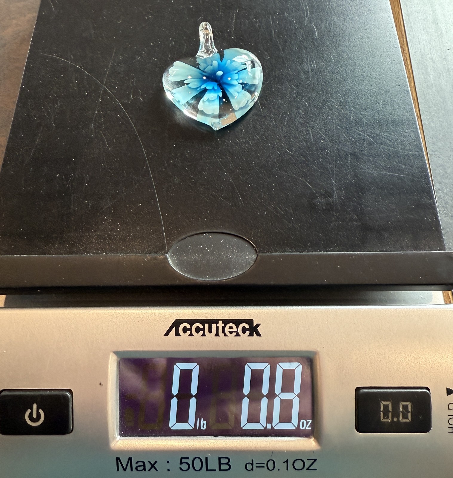Hand Made Artisan Glass Pendant Puffy Heart Blue Flower Crafting Jewelry Making