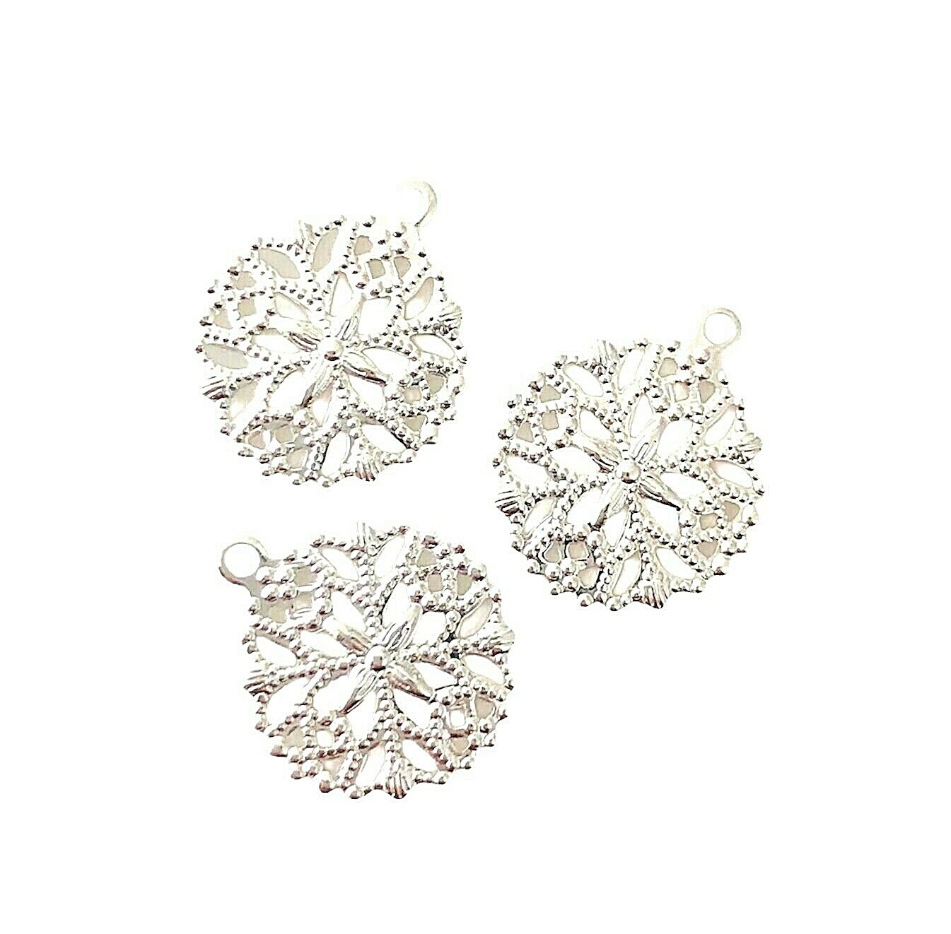 20 Bright Silver Bead Drop 13mm Filigree Snowflake Jewelry Making Craft Charms