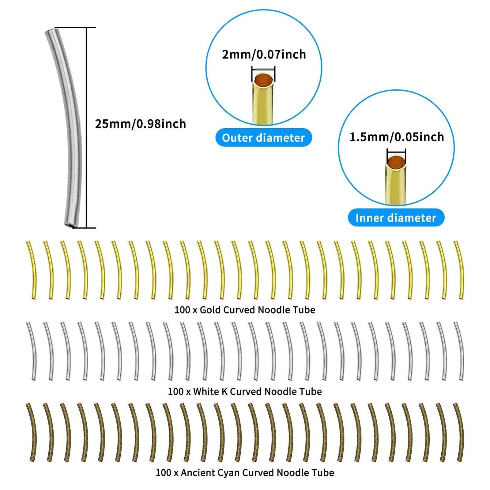 300Pcs Curved Noodle Tube Spacer Beads,25mm Long Curved Tube Noodles Beads Br…