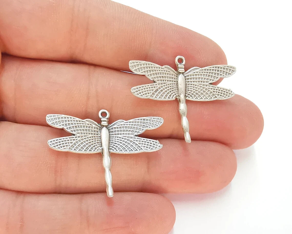 2 Pcs Dragonfly Animal Nature Antique Silver Plated Charms jewelry accessories