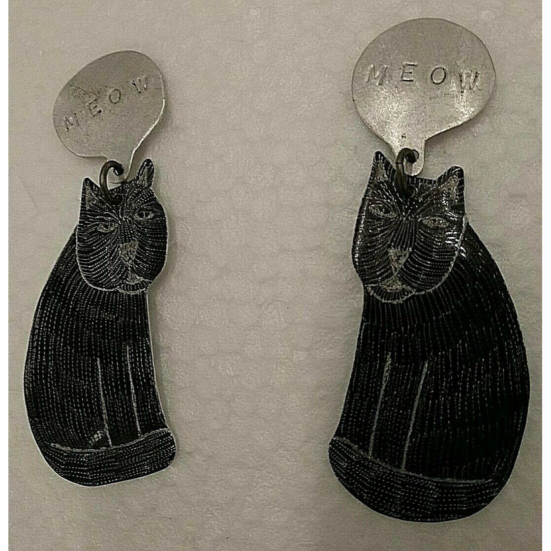 BLACK CATS Meow Etched Silvertone As-is Craft Jewelry Parts Artisan-made Vtg